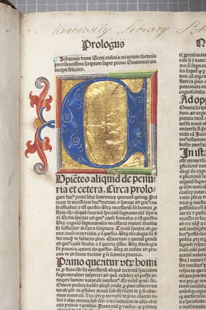 Fol 1, detail, Quaestiones in quattuor libros Sententiarum, by John Duns Scotus (vellum)