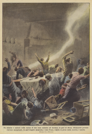 Lightning entered the kitchen of a farmhouse in Asciano, Siena (colour litho)