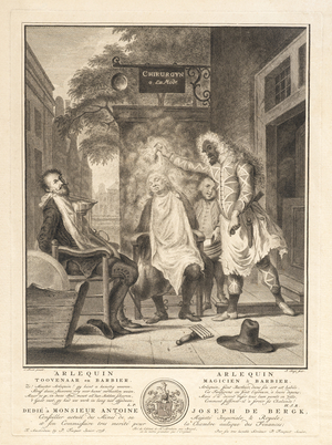 Arlequin, Magicien et Barbier, pub.1758 (engraving)