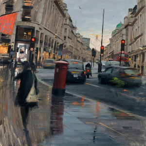 Regent Street in rain with taxi, 2018, oil on canvas