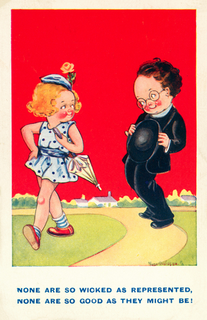 Girl and boy, good and wicked (colour litho)