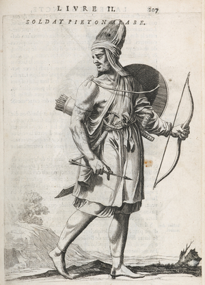 A footsoldier, a member of an army of the Emir Fechrreddin. 17th century illustration. Bowman with bow, arrows and shield.