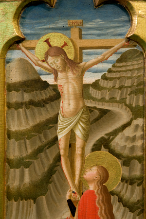 Jesus Christ crucified and Saint Mary Magdalene, c.1450-1475 (gouache on table)
