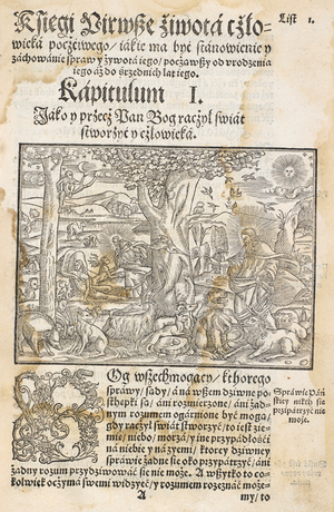 This illustration shows the Paradise and includes two parallel scenes. The section in the foreground on the right depicts God surrounded by the animals while the creation of Eve is the subject of the scene in the background on the left.