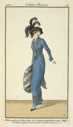 "Robe en velours de laine bleu avec longue Jaquette de meme etoffe doublee et garnie de velours a petit damier."