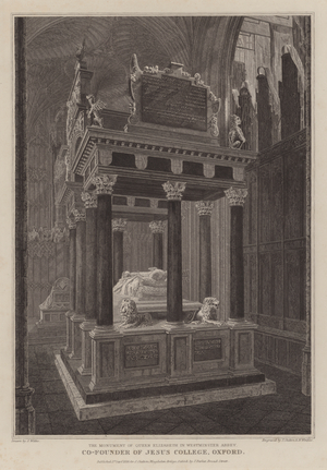 Monument of Queen Elizabeth I, co-founder of Jesus College, Oxford, in Westminster Abbey, London (engraving)