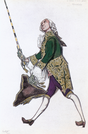 Costume sketch for a man from the ballet " Donne di buon umore ", music by Scarlatti;performed (watercolour on paper)