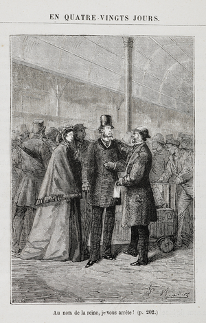 Phileas Fogg arrested by Inspector Fix. Characters in the novel 'Around the World in Eighty Days'.
