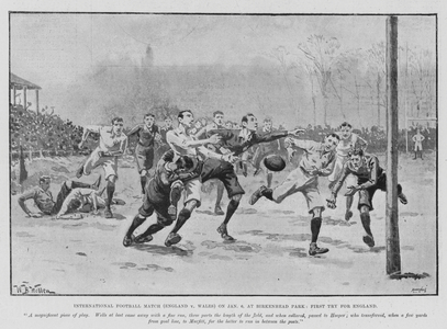 International Football Match (England v Wales) on 6 January, at Birkenhead Park, First Try for England (litho)