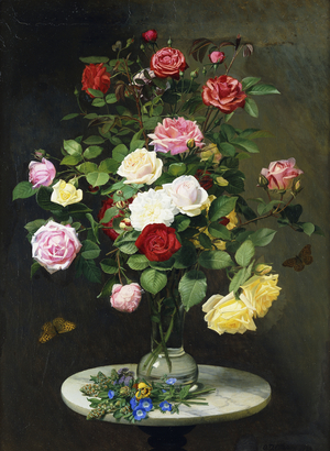 A Bouquet of Roses in a Glass Vase by Wild Flowers on a Marble Table, 1882 (oil on canvas)