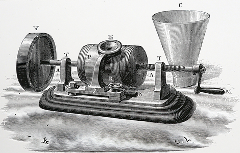 Side view of the first model of Edison's phonograph, 1878