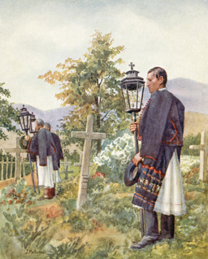 Lamp-bearers, Detva, Slovakia (colour litho)