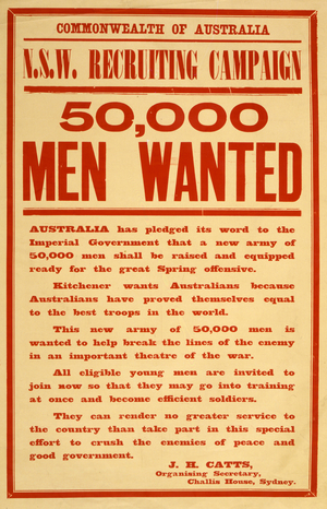 Commonwealth of Australia - 50,000 men wanted, pub. c.1916 (colour litho)