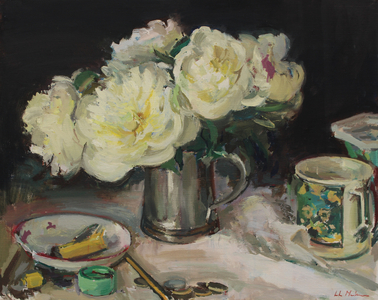 Peonies in a pewter mug II, 2016 (oil on canvas)