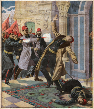 Coup d'Etat at Constantinople, murder of Nazim Pasha, front cover illustration from 'Le Petit Journal', supplement illustre, 9th February 1913 (colour litho) (print)