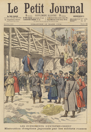 Japanese soldiers arrested as spies by the Russians (colour litho)