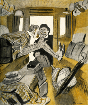 An Englishman stops a Frenchman from sitting in the free seat on the train, 1903. (litho)