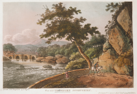 A figure and a horse and rider by a river in the foreground; a bridge in the middle ground; hills in the distance. The letter 'u' in Crumford has been corrected in black ink to an 'o'