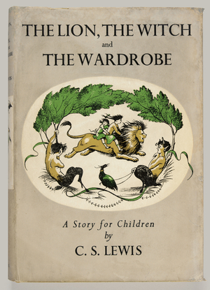 Front cover of 'The Lion, The Witch and the Wardrobe' by C. S. Lewis, 1950 (colour litho)