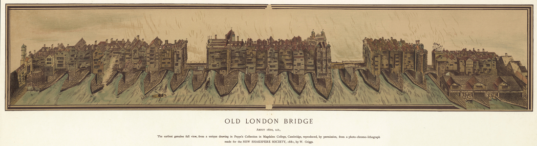 Old London Bridge about 1600 (coloured engraving)