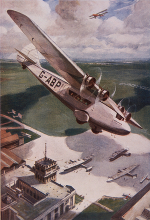 Atalanta monoplane flying over Croydon airport in the 1930s (lithograph)