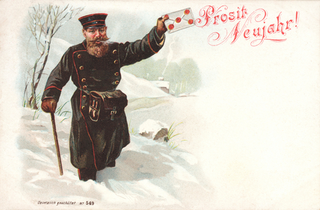 Postman delivering a letter in the snow, New Year's greetings card (chromolitho)