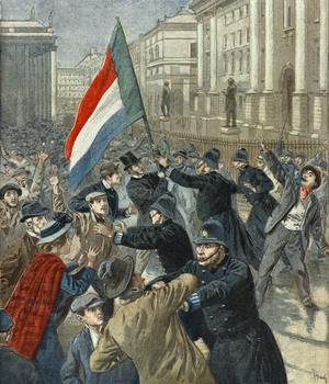 Demonstration against the appointment of Joseph Chamberlain to the Trinity College in Dublin in 1899 (Engraving)