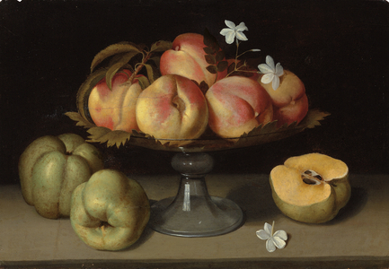 Peaches in a glass bowl, apples and jasmine flowers (oil on panel)