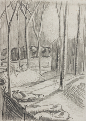 'Were put up in a Wood and had flares dropped on us…', 1945 (pencil on paper)