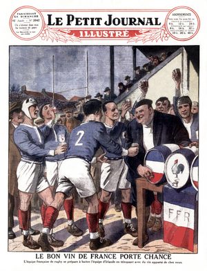 Rugby teams drinking wine before a match, 1930 (print)