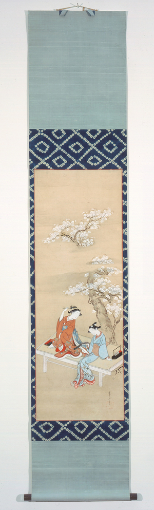 Two Lovers Beneath Flowering Cherry Blossoms (colours on paper scroll)
