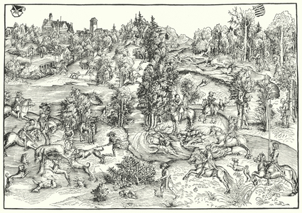 Stag hunting in a deer park or landscape (engraving)