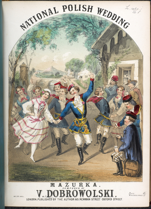 The front cover illustration of a Polish country wedding with musicians and the bride and groom dancing.