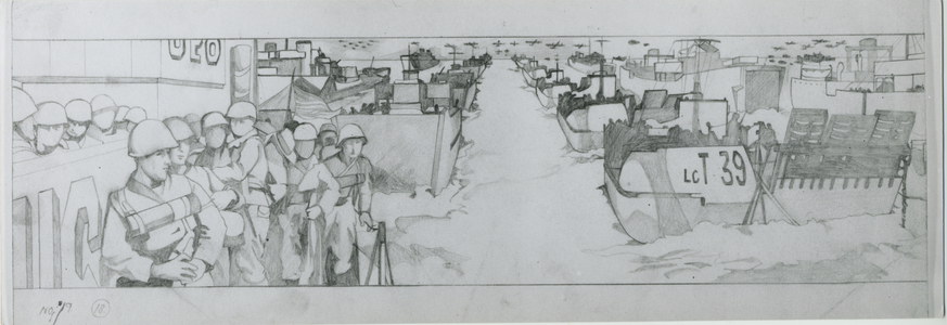 Invasion foces assemble off the Normandy coast before dawn on June 6th (pencil on paper)