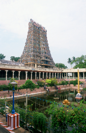 India: The Golden Lotus temple tank, Meenakshi Amman Temple, Madurai, Tamil Nadu