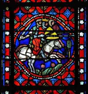 Window s1-R depicting a scene from St Bonnet's journey to Rome: King Aripert of Pavia fights the barons (stained glass)