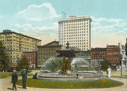 Providence, Rhode Island: "Skyscrapers" and Banjotti Memorial Fountain from Depot Park (coloured photo)