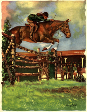 riding horses jumping, 1950s (print)