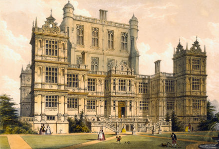 Wollaton Hall, Nottinghamshire, 1600, illustration from 'Architecture of the Middle Ages', 1838 (colour litho)
