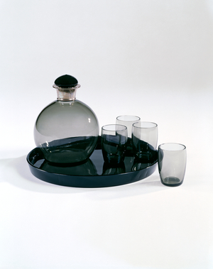 Decanter, tray and four tumblers, Henry Hobson & Son, 1934 (glass)