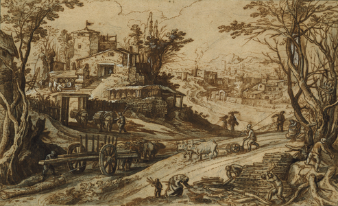 January: wood-cutters in a winter landscape (chalk, pen & ink on paper)
