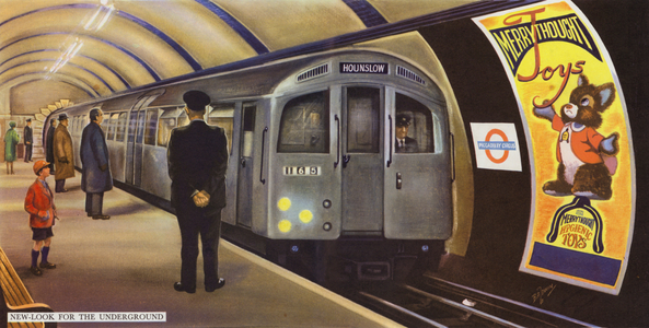 Underground train at Piccadilly Circus Station, London (colour litho)