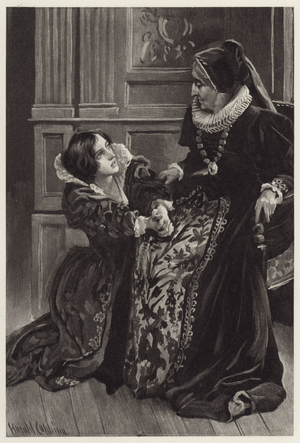 Helena on her knees now owned her love, and with shame and terror implored the pardon of her noble mistress (litho)