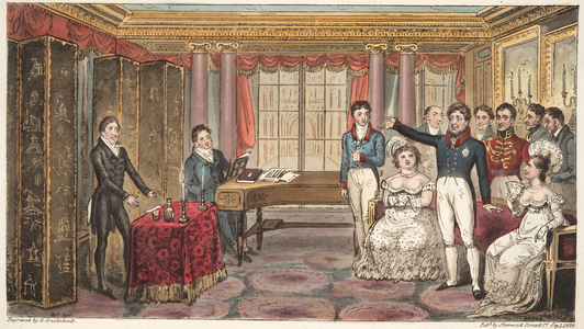 The King at Home, or Mathews at Carlton House, from 'The English Spy', by Charles Westmacott, published 1824 (hand coloured engraving)