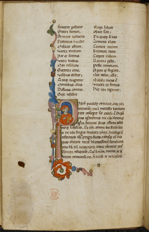 Historiated initial 'P'(ost) of a man holding a book, with acanthus leaves extending into the margins