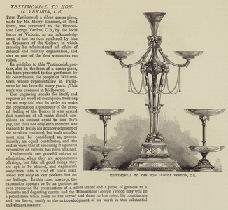 Testimonial to the Honourable George Verdon, CB (engraving)
