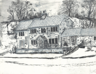 Osmotherley buildings in winter snow, 1997 (pastels on paper)
