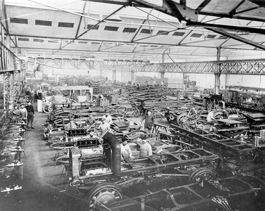 Factory Workers Making Vehicles, 1916 (b/w photo)