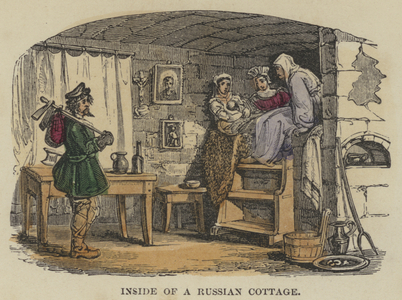 Inside of a Russian Cottage (coloured engraving)