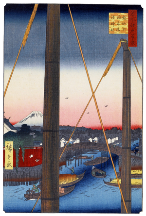 Japan: Autumn: Inari Bridge and the Minato Shrine in Teppozu. Image 77 of '100 Famous Views of Edo'. Utagawa Hiroshige (first published 1856-59)